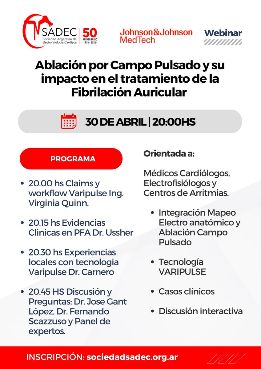SADECOFICIAL's tweet photo. Webinar | Ablación por Campo Pulsado y su impacto en el tratamiento de la Fibrilación Auricular

30 de ABRIL | 20:00hs

Orientado a: Médicos Cardiólogos, Electrofisiólogos y Centros de Arritmias.

Inscripción Online: https://t.co/oma5lNXRf9 https://t.co/crOLaG8dlu