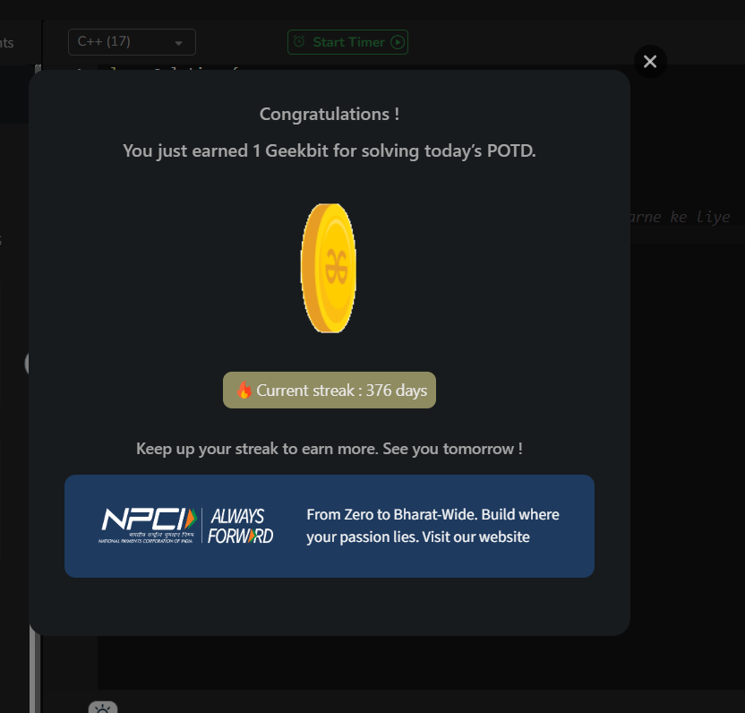 Soni490's tweet photo. 🚀 Day 45/60 – GFG × NPCI Challenge
Solved: Buy Stock with Transaction Fee
Approach: 📈 Dynamic Programming
Tracked buy/sell states while accounting for transaction fee to maximize profit. 
#60DaysChallenge #DSA #DynamicProgramming #GeeksforGeeks #NPCI
@geeksforgeeks  @NPCI_NPCI https://t.co/XRqlOCii6Y