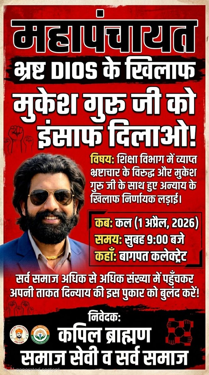 सम्मान के साथ कोई समझौता नहीं"
​📅 कार्यक्रम का विवरण:
​दिनांक: 1 अप्रैल 2026
​समय: प्रातः 11:00 बजे
​स्थान: जिलाधिकारी कार्यालय (DM Office), बागपत
​निवेदक:
आपका अपना भाई
कपिल ब्राह्मण (समाज सेवी)
📞 संपर्क: 7060154029 <a href="/myogiadityanath/">Yogi Adityanath</a> <a href="/baghpatpolice/">Baghpat Police</a> <a href="/dgpup/">DGP UP</a> <a href="/aajtak/">AajTak</a> <a href="/CMOfficeUP/">CM Office, GoUP</a>