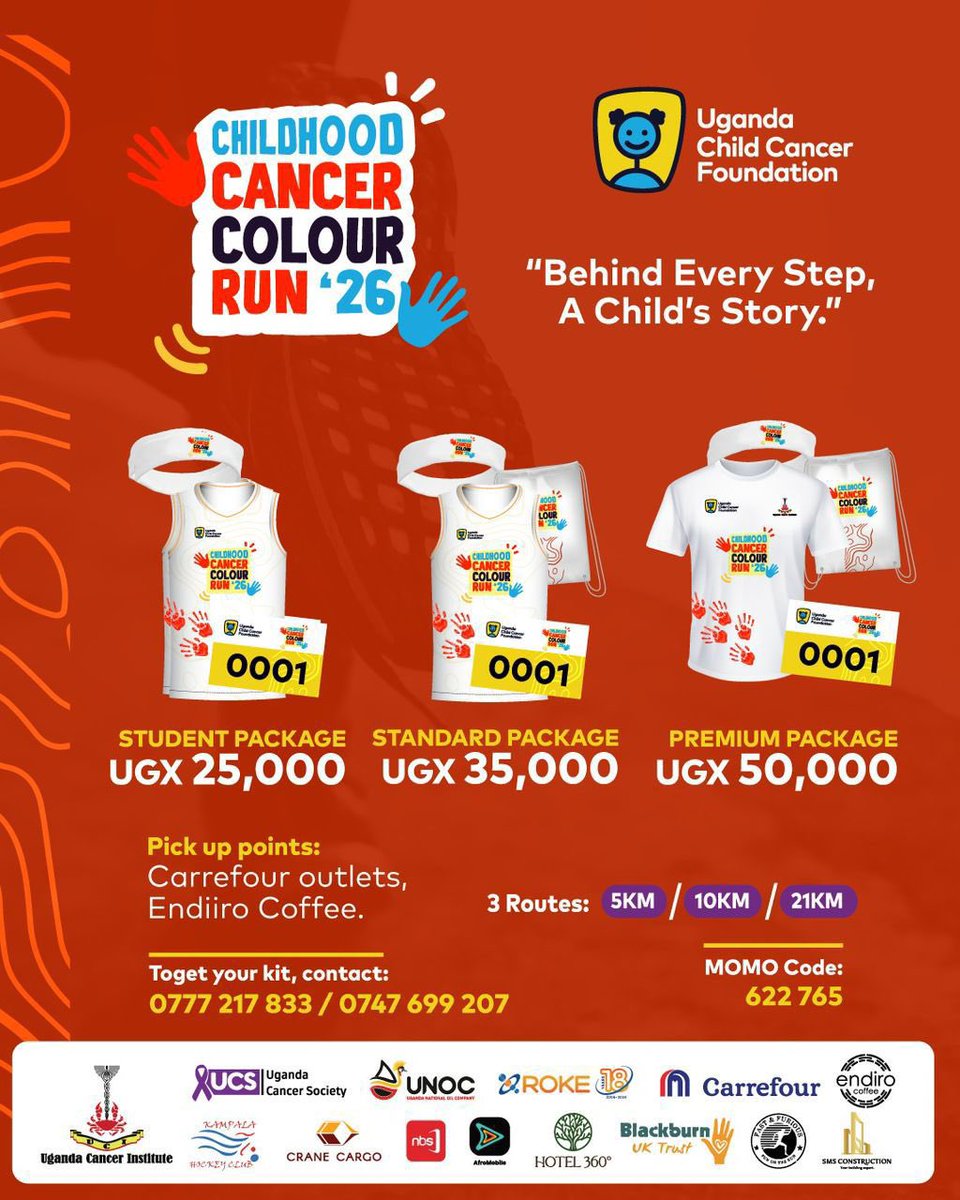 Let’s run for a good cause 
Buy your kit today 👏🏽
This year the theme is 
“Behind Every Step, A Child’s Story.”
#CCCR2026
<a href="/UCCF_Official/">Uganda Child Cancer Foundation</a>
