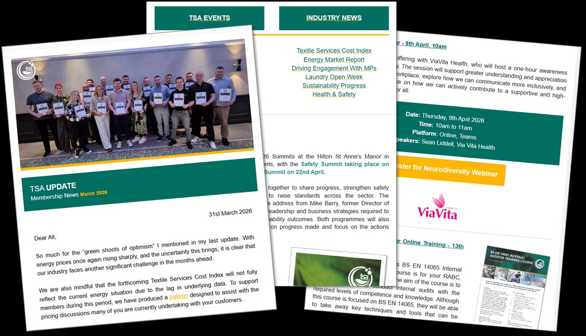 TextileServices's tweet image. The latest TSA Update is now available for all TSA members on our website, covering topics including:
- TSA Summits
- Textile Services Cost Index
- Energy Market Report

Full TSA Update Here:
tsa-uk.org/update-from-th… 

#textileservices #laundry #workwear #healthcare #hospitality