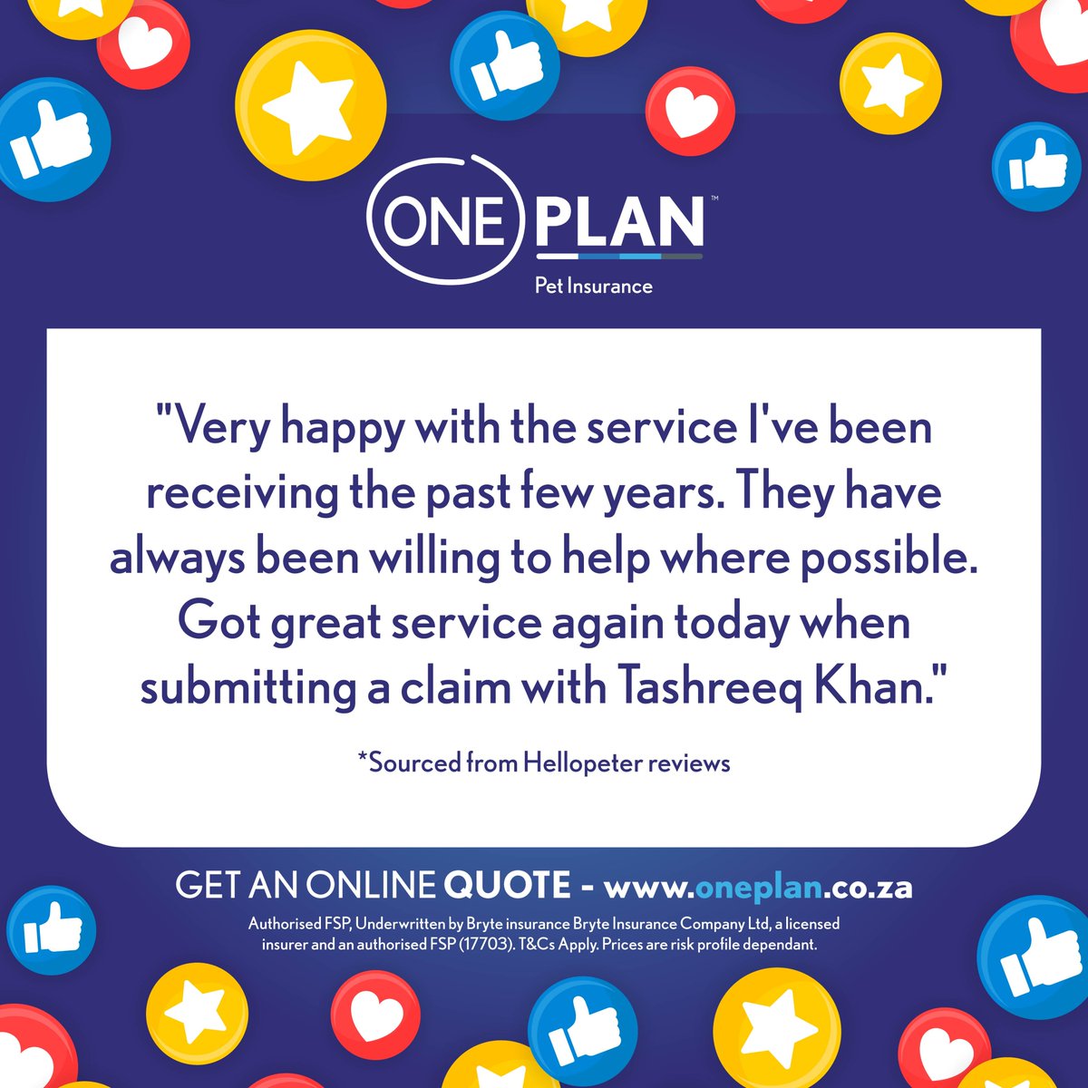 OnePlanPet's tweet image. Oneplan Innovating to Make Today Better for You &amp;amp; Your Fur Babies 🐾💙⁠
⁠
Get a quote: onepet.co.za/?referrer=orga… ⁠

#ClientReview #ClientFeedback #HappyClient #Oneplan #OneplanPetInsurance