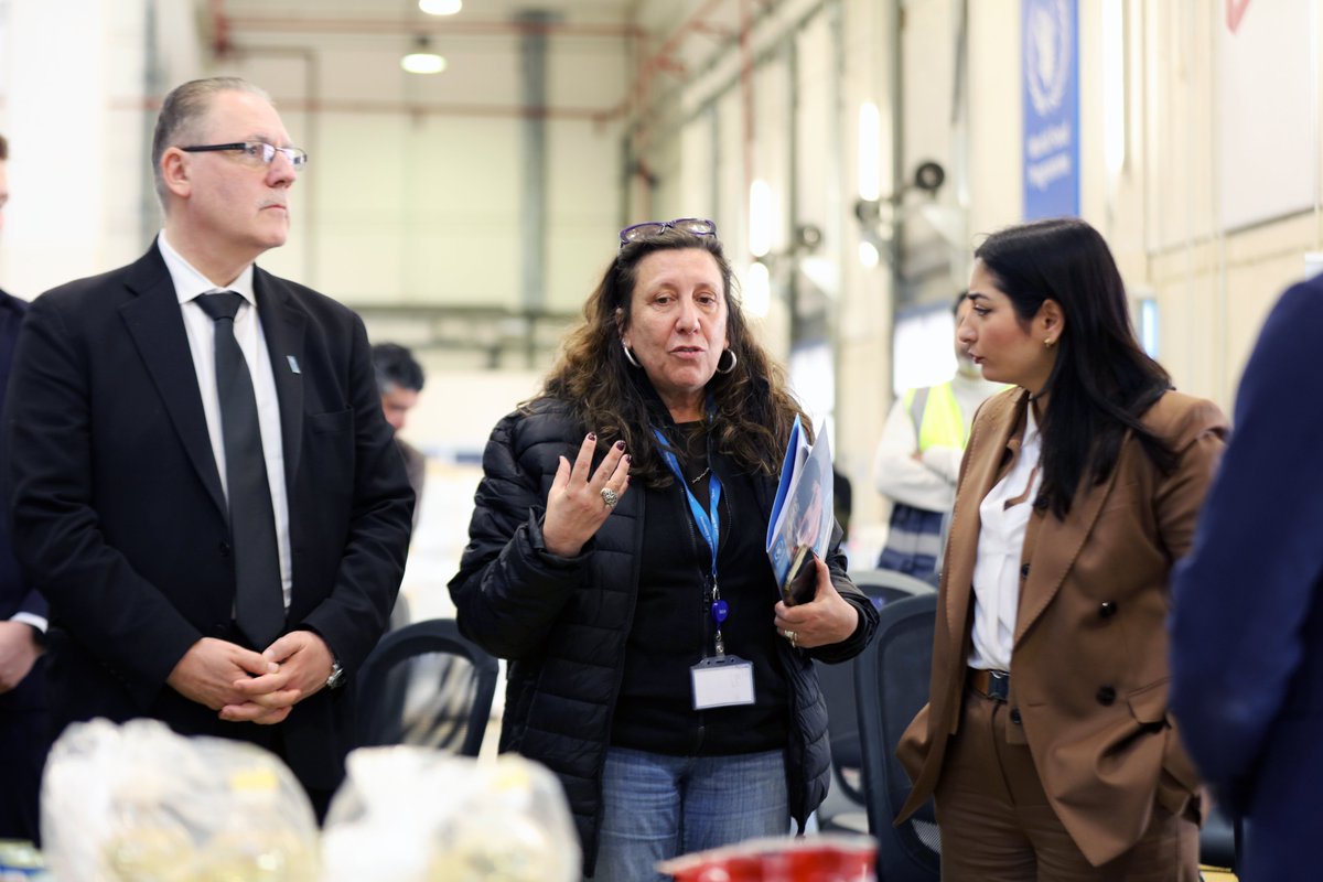 WFP_Jordan's tweet photo. WFP hosted Germany’s Federal Minister for Economic Cooperation and Development, Reem Alabali Radovan, alongside UNDP’s @AbdallahAldard1 at a warehouse in #Jordan supporting the Gaza response, where aid is received, stored, and dispatched via the Jordan Corridor with partners. 🇩🇪 https://t.co/epD573A8Vz