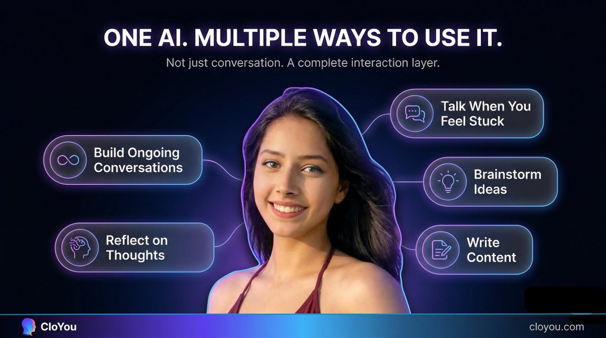 cloyoucom's tweet photo. Aaradhya isn’t just an AI you talk to.
It’s an AI you can use in different ways.

You can:

• Talk when you feel stuck
• Brainstorm ideas
• Write content
• Reflect on your thoughts
• Build consistent conversations over time

Most AI resets.
Aaradhya doesn’t.

It evolves with how you use it.