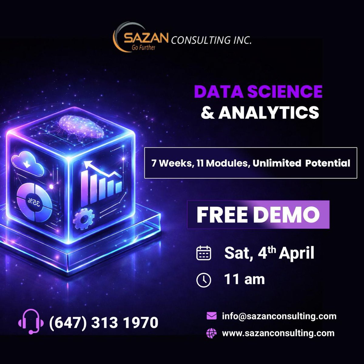 Unlock Your Potential with Data Science Skills 
Email info@sazanconsulting.com
Call 6473131970 
Visit sazanconsulting.com/data-science-a…
#DataScience #MachineLearning #ArtificialIntelligence #DeepLearning #BigData #CloudComputing #MLOps #DataAnalytics #BusinessIntelligence #Python #SQL #GTA