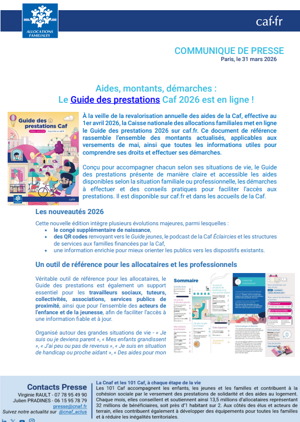 cnaf_actus's tweet photo. #presse

📘 Le Guide des prestations 2026 est en ligne !

Pensé pour s’adapter à chaque parcours de vie, il guide les allocataires des #Caf dans :
✔️ les différentes aides 
✔️ les démarches à effectuer
✔️ et leur apporte des conseils pratiques pour faciliter l'accès à leurs droits

👉 Cette année dans le guide  :
• montants actualisés des prestations
• évolutions réglementaires à jour
• focus sur le congé supplémentaire de naissance
• zoom sur le guide jeunes
• épisodes du podcast Éclaircies à découvrir 🎧

💻 Le guide 2026 est disponible dès maintenant sur https://t.co/JMvUFl1whn et prochainement dans tous les accueils Caf

https://t.co/fBvTjulEni
