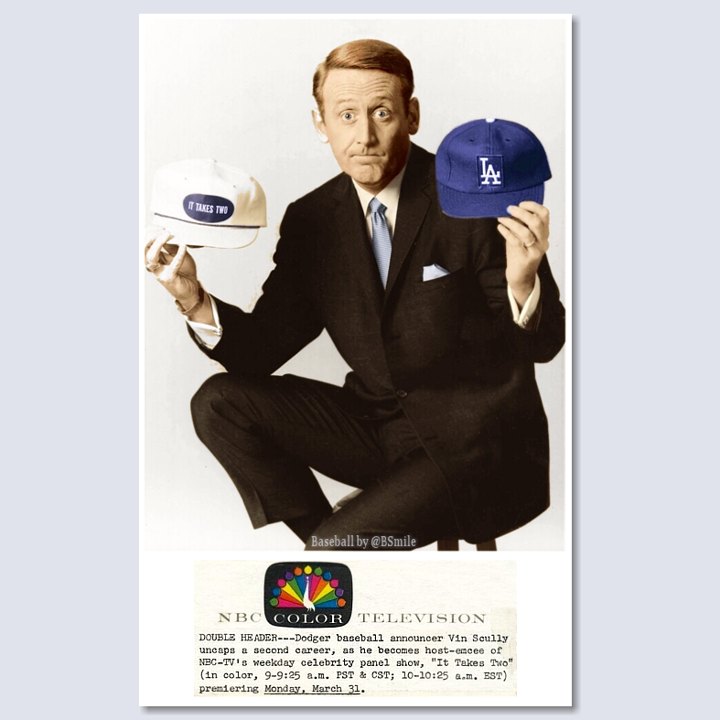 BSmile's tweet image. Today In 1969: "It Takes Two" - A celebrity game show hosted by Vin Scully makes its television premiere! #MLB #Baseball #TV #History #Dodgers