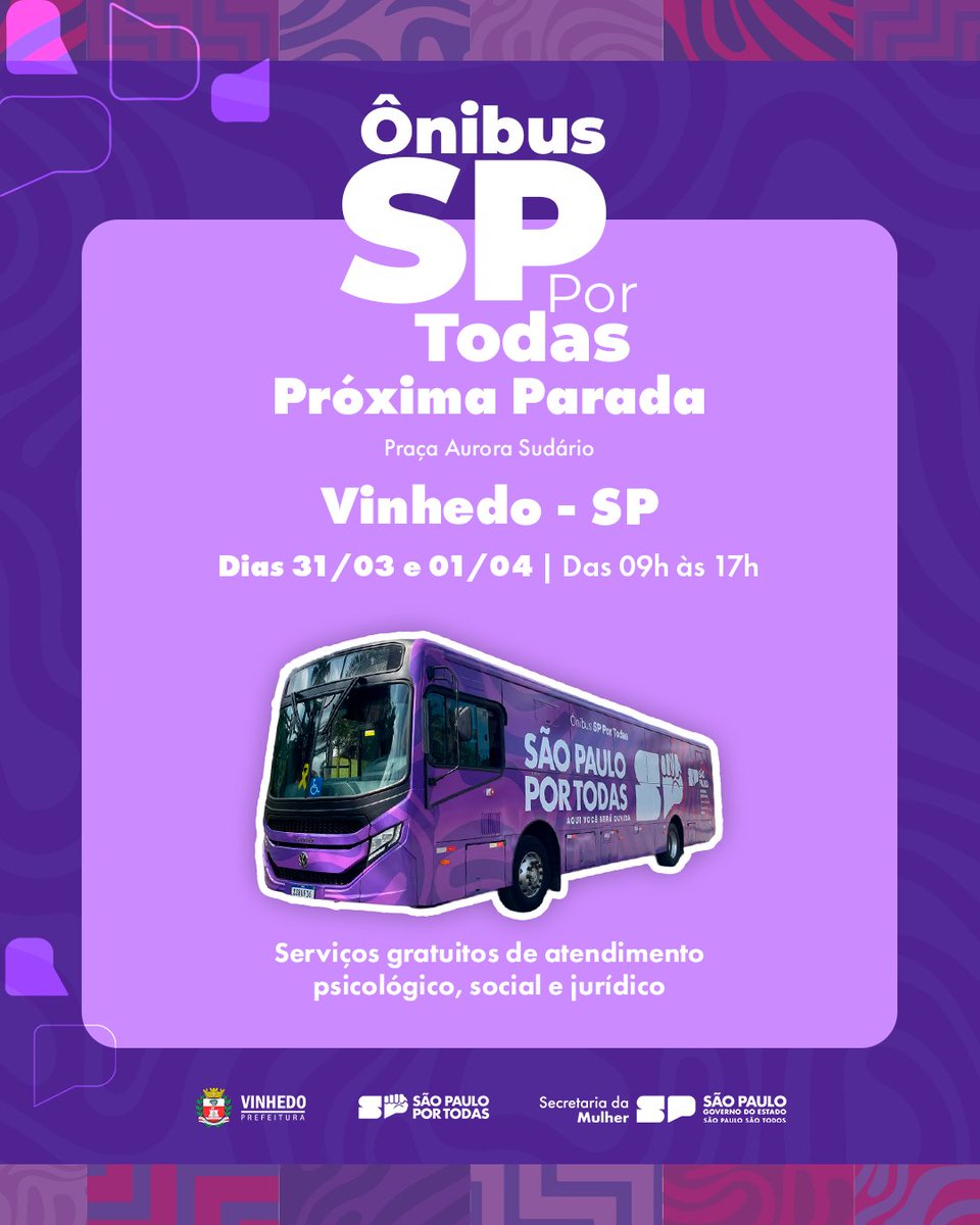 O Ônibus #SPPorTodas chega a Vinhedo levando acolhimento, orientação e serviços essenciais para mulheres, fortalecendo o acesso à proteção e aos seus direitos 💜

📍 Praça Aurora Sudário
📅 31/03 e 01/04
⏰ 9h às 17h
Mais cuidado, informação e apoio para quem precisa.