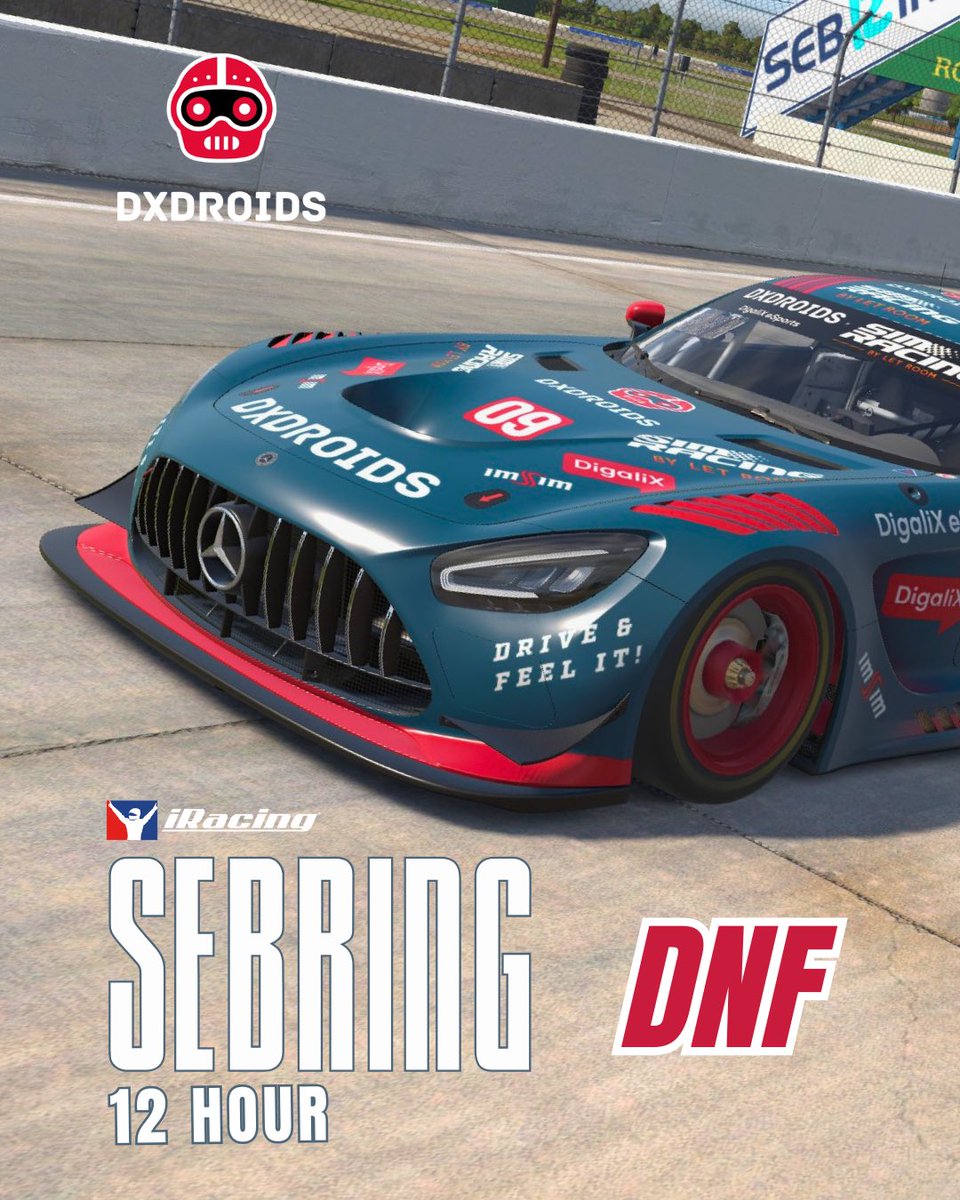DXDroids_Team's tweet photo. Fin de semana complicado para DXDroids en las 12h de Sebring. No hubo suerte y ninguno de los 2 coches pudo acabar la carrera. 

Aprendemos y seguimos. ¡Volveremos a Sebring más fuertes el año que viene! 🦾

#Sebring12h https://t.co/wtindnYgQV