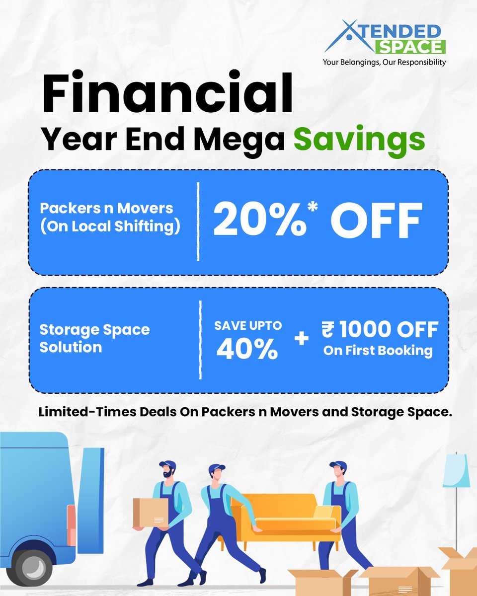 XtendedSpace's tweet image. Wrap up the financial year with mega savings! Enjoy 20% off on local shifting and up to 40% + ₹1000 off on storage.

Save Big!!

📞 Call us: 900-9000-798 | 🌐 Visit: xtendedspace.com
Book Now: bit.ly/48is4H0

#YearEndSavings #PackersAndMovers #StorageSolutions