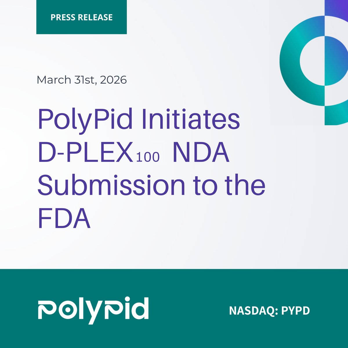$PYPD PolyPid Initiates D-PLEX₁₀₀ NDA Submission to the FDA

Read the Full News Release 👉 globenewswire.com/news-release/2…