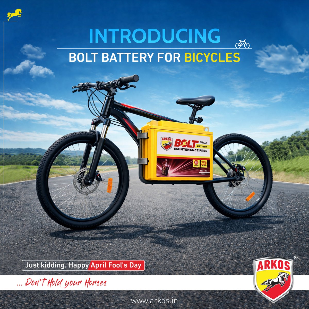 Arkosapar1's tweet image. Cycle pe battery? Thoda zyada ho gaya na, April Fool bana diya! Par jab baat ho real performance ki, Arkos Bolt is no joke.

#Arkos #AprilFoolsDay #ArkosBoltBattery #BatterySolutions #ReliablePower #PerformanceDriven #PowerYouTrust #NoCompromise #EnergySolutions