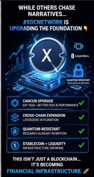 While others chase narratives…
<a href="/XDCNetwork/">XDC Network</a>  is upgrading the foundation 👇
✔️
 Cancun upgrade (EIP-1559 → better fees &amp; performance)
✔️ 
Cross-chain expansion (<a href="/LayerZero_Core/">LayerZero</a>  integration)
✔️ 
#XDC #Blockchain #Web3 <a href="/XDCNetwork_News/">XDC Network News</a> <a href="/CoinMarketCap/">CoinMarketCap</a>