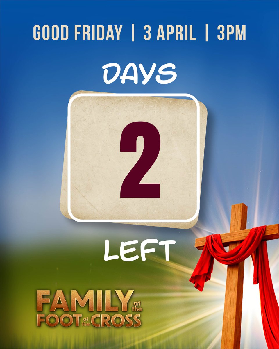 uckgaussie's tweet photo. 2 Days Left

***Family At The Foot Of The Cross***

#GoodFriday
🗓️ 03.04.26
🕒 3pm

🌐 https://t.co/Ts7xeRFWqi (for addresses and times)
📞 02 9602 9837

#Church #EasterService #Easter2026 #FamilyPrayer #IURD #UCKG #IAmUniversal #ChurchAustralia #Prayer #PrayForAustralia #Easter https://t.co/AH89QXIkX5