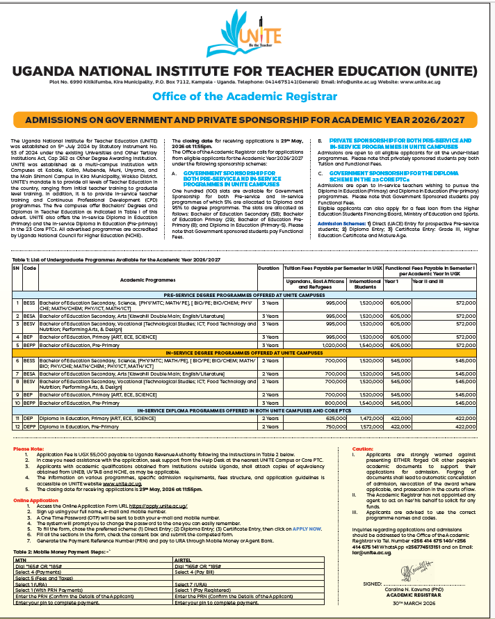 uniteuganda24's tweet photo. The Office of the Institute Academic Registrar, therefore, invites applications from eligible candidates for admission to the under-listed accredited undergraduate academic programmes for the Academic Year 2026/2027 to be offered at the mentioned UNITE Campuses. Apply now!!! at :https://t.co/ffkpQ1lacI