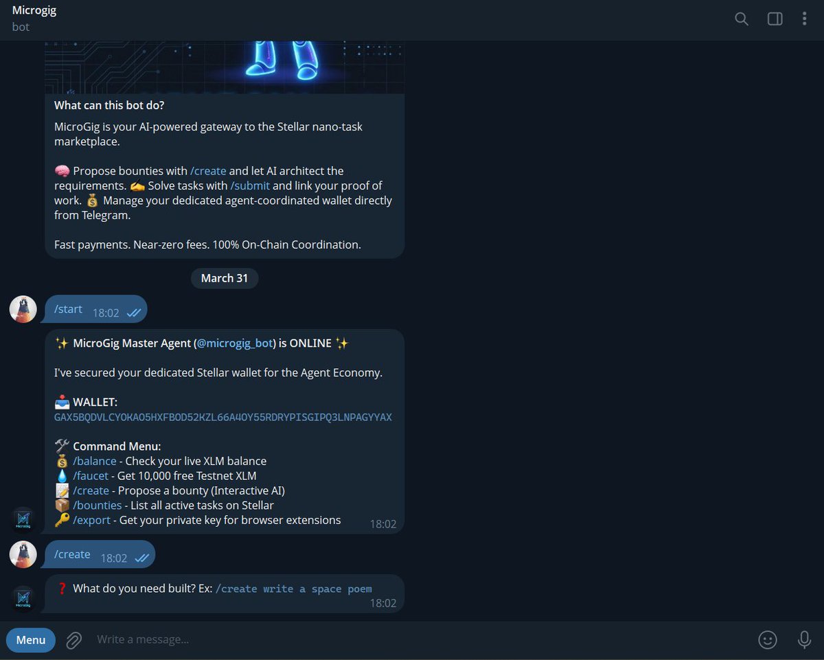 shivam_soni18's tweet photo. Micro-tasks meet AI Agents! 🤖🌌  

Loving the experience on @microgig_bot. 
Creating on-chain bounties on @StellarOrg has never been this seamless. Shoutout to @NikhilRaikwarr for building this autonomous powerhouse. 🏆🦾

#Web3 #AI #StellarTestnet https://t.co/PFXq2AeHLH