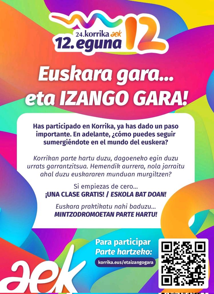 kontseilua's tweet photo. 📣 "KORRIKAren 12. eguna ekimena iragarri du AEKk"

Apirilaren 22an hasiera-mailako ordubeteko eskolak emango ditu, doan, 100 euskaltegietan, eta maiatzaren 21ean 65 mintzodromo antolatuko ditu.

Informazio gehiago👇
https://t.co/VZX24pe49J  

#EuskaraGara https://t.co/xVhu3a78RV