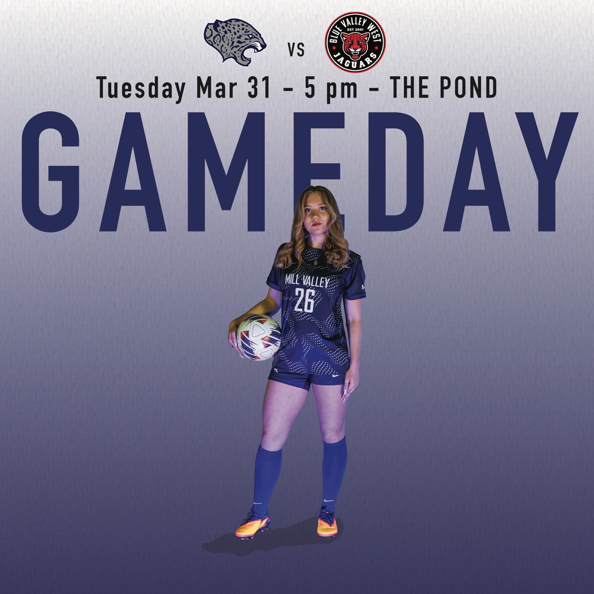 MVJagSoccer's tweet photo. Jaguars vs Jaguars. Big game tonight at the Valley. #letsgojags #WeAreMillValley #PackThePond @mvjaguars 
🗓 : Tuesday, March 31st
🆚 : Blue Valley West
⏰ : 5:00pm (JV) - 7:00pm (Varsity)
🏟:  #ThePond 
🖼️: @prachi.pr8 https://t.co/ykF0hbAj6F