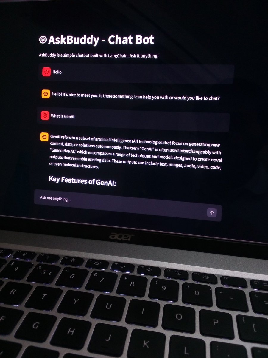 ItsDilip's tweet photo. Built my first AI chatbot 🤖⚡
AskBuddy — a simple chatbot built using LangChain.

✅ Prompt → LLM → response flow
✅ Basic chat interaction
✅ Clean UI

Feels great to move from learning → building 🚀

#buildinpublic #genai #langchain https://t.co/QJF6HYeLJk