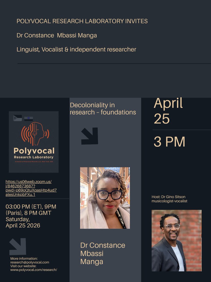 PolyvocalL's tweet photo. Our next talk: April 25 2026 @ 3pm 

Decoloniality in research – foundations

Dr Constance Mbassi Manga. 
Linguist, vocalist &amp; independent researcher. 
Zoom link:
https://t.co/jQoV4UxcnQ https://t.co/UNZamDCYhO