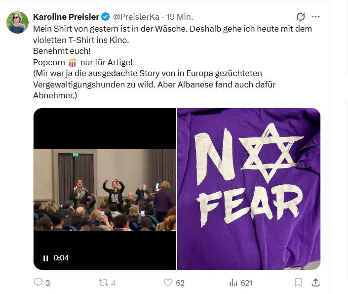 Mausebaer17's tweet photo. Karoline Preisler (#FDP) geht heute wieder ins Kino. Die Kandidatin bei der Wahl zum Berliner Abgeordnetenhaus 2026 trägt heute ein anders T-Shirt. Nur, dass ihr Bescheid wisst. 🤣#b3103 #Albanese #GazaGenocide Das T-Shirt ist genau so idiotisch wie "Rape is not Resistance". https://t.co/kw5F3vAEph