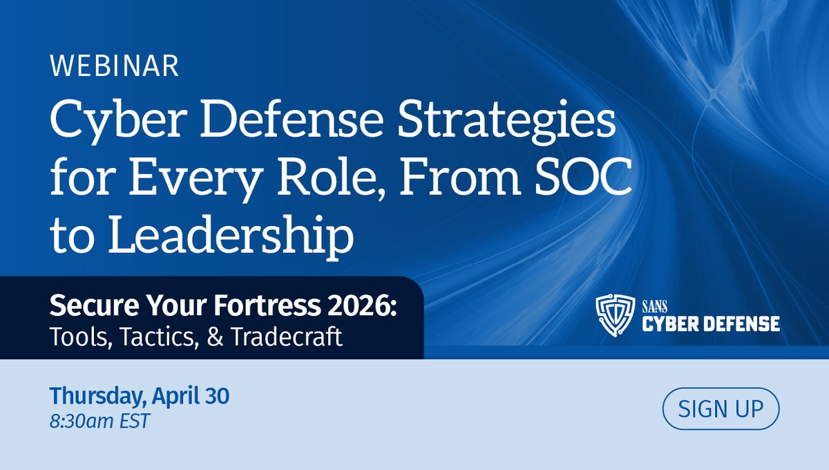 SANSDefense's tweet image. Your attacker already knows your gaps. Do you? 🛡️

@SecHubb, @secgreene, David Hoelzer &amp;amp; 15+ SANS experts. April 30th — a full day of real tactics, real tools, no filler.

Secure Your Fortress → go.sans.org/X9vR6R

#CyberDefense #BlueTeam