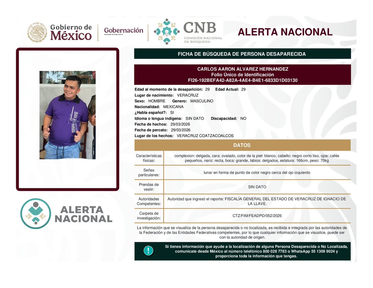 Busqueda_MX's tweet photo. AlertaNacional de Búsqueda  ⚠️
Solicitamos apoyo para localizar a las siguientes personas. 
Si tienes información comunícate.
Desde México: 800 028 77 83
WhatsApp 55 1309 9024
Desde otro país: 182 52 62 31 09 
#Veracruz #Chiapas https://t.co/U2XkR9bHjs