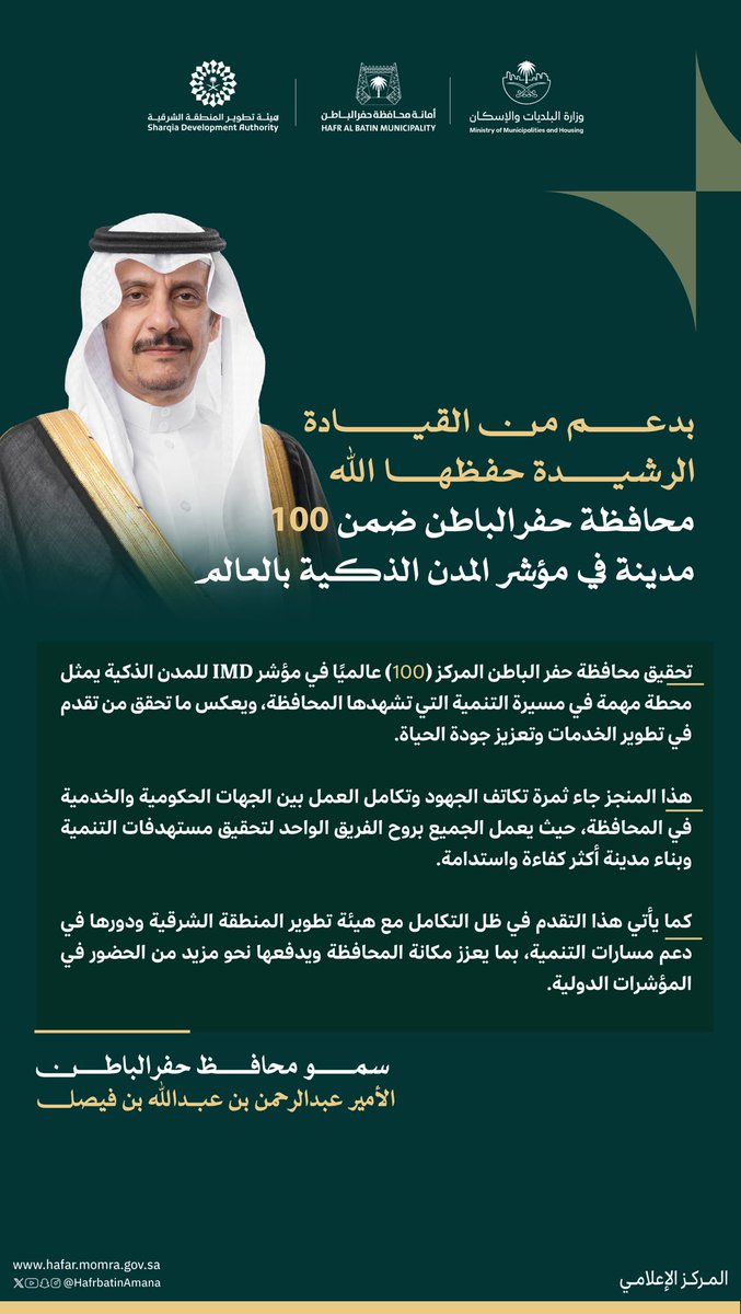 HafrbatinAmana's tweet photo. "بدعم من القيادة الرشيدة - حفظها الله - محافظة حفرالباطن ضمن 100 مدينة في مؤشر المدن الذكية بالعالم"

سمو محافظ حفرالباطن
الأمير عبدالرحمن بن عبدالله بن فيصل

#المدن_الذكية
#أمانة_حفرالباطن https://t.co/PuWzicf46Y