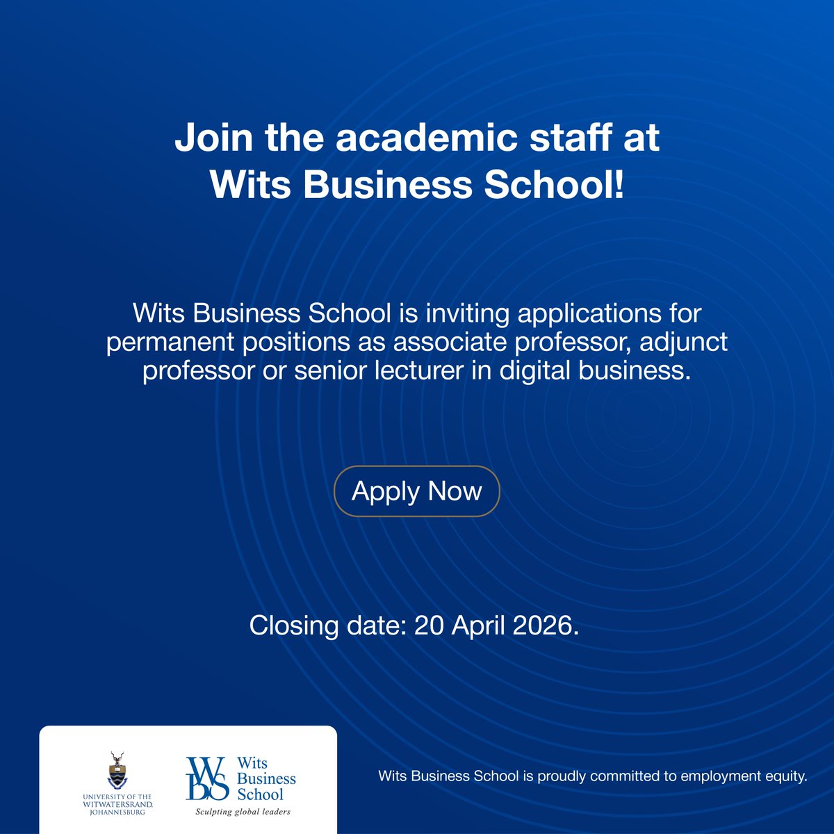 witsbschool's tweet image. #WBS is inviting applications for two full-time, permanent positions in #DigitalBusiness:  

1. Associate Professor/Adjunct Professor 
2. Senior Lecturer  

Closing date: 20 April 2026 Apply here: irec.wits.ac.za 

#AcademicJobs #WitsBusinessSchool #WitsForGood