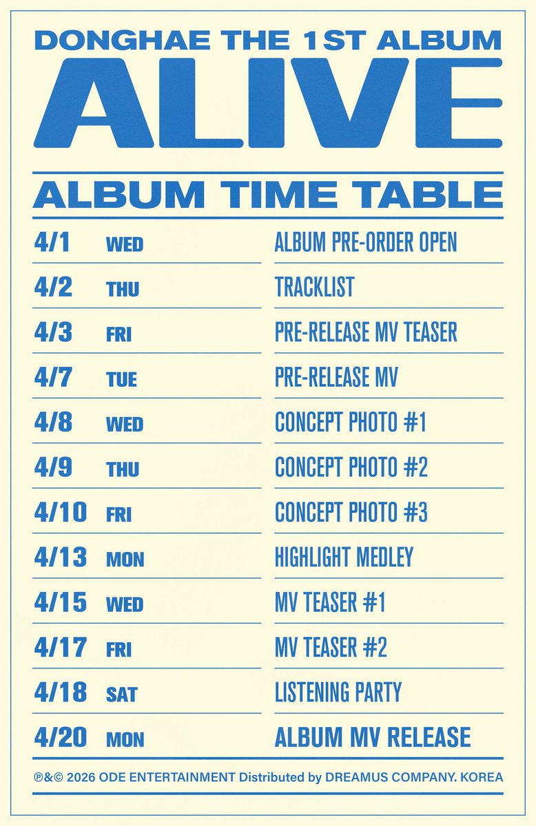 SUJUPanama's tweet photo. DONGHAE revela el cronograma de su primer álbum “ALIVE” 💙😍

El integrante de SJ-D&amp;E, Donghae, presentó el calendario oficial de su primer álbum en solitario, ALIVE.

📅 Lanzamiento: 20 de abril de 2026, 6:00 p.m. (KST).

#동해 #DONGHAE
#슈퍼주니어DnE #SuperJuniorDnE
#ALIVE https://t.co/bPS1qhjA5L