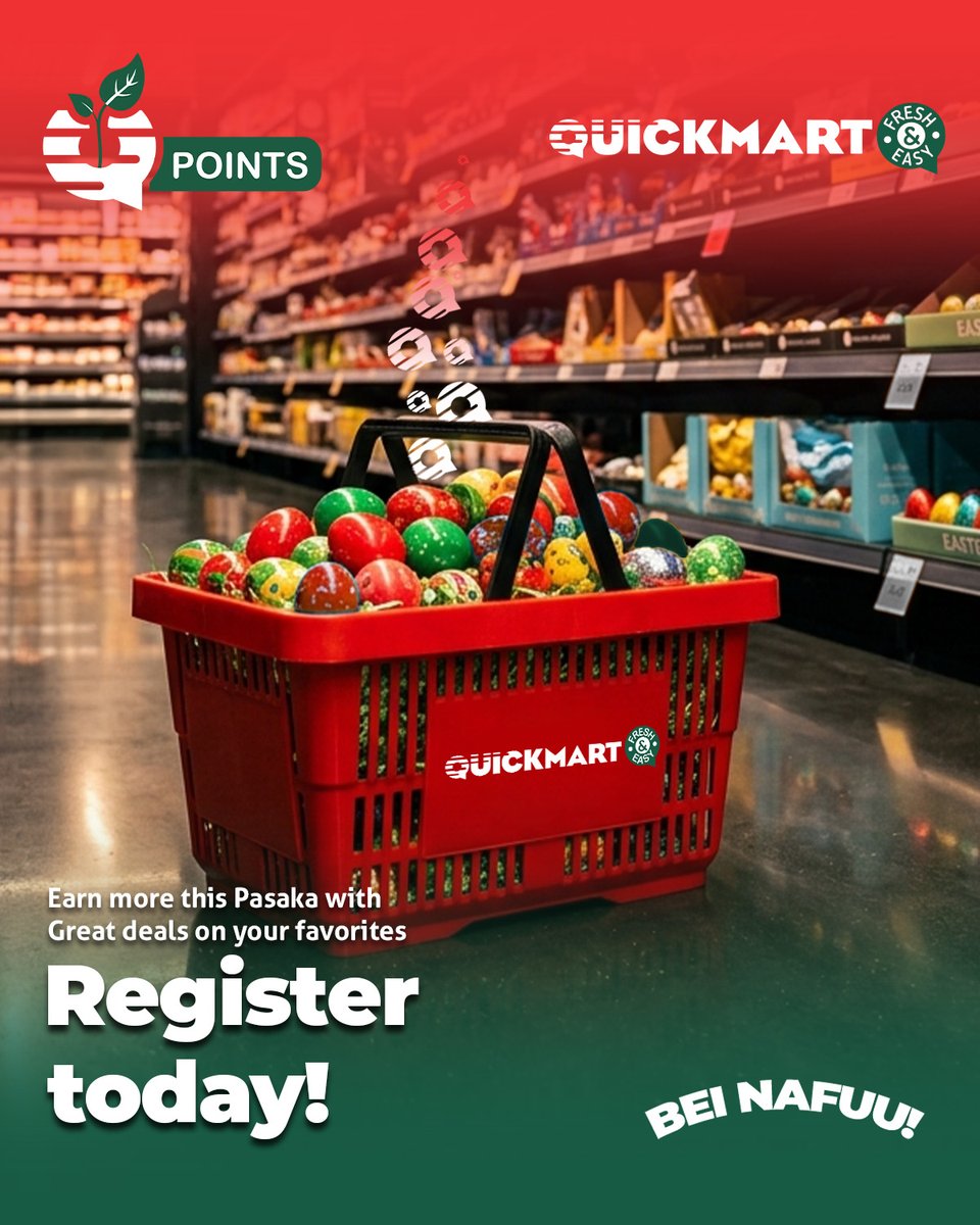 QuickmartKenya's tweet photo. This Easter, your shopping just got even sweeter! Join Qpoints and earn points every time you shop at Quickmart. Visit your nearest customer care desk to get registered today.
#Qpoints
#PasakaBomba
#20YearsTogether
#BeiNafuu
#FreshAndEasy https://t.co/avtPXxPPZW