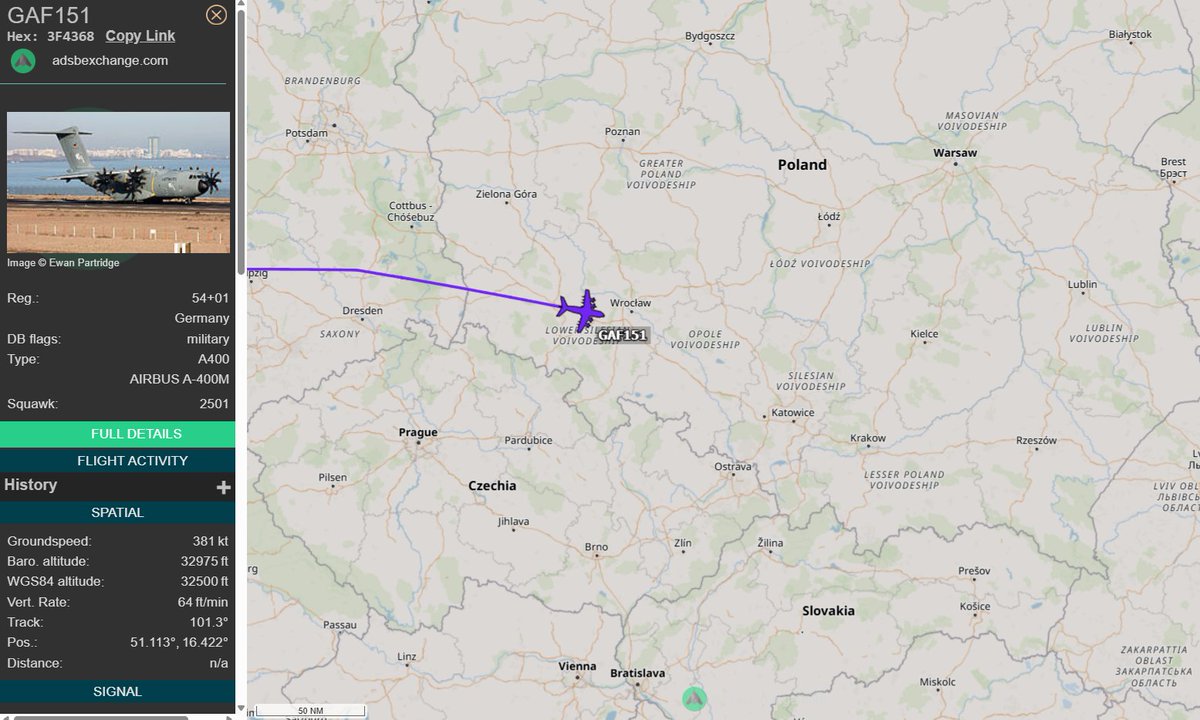 PolishMilRadar's tweet photo. 📅 31.03 🕒 14:57LT - 🇩🇪✈️ A400M do Rzeszowa 🇵🇱

🇩🇪 Siły Powietrzne Niemiec
✈️ Airbus A400M Atlas "54+01"
🛫 Kolonia Bonn #EDDK 🇩🇪
🛬 Rzeszów-Jasionka #EPRZ 🇵🇱
#GAF151 leci na FL330
🔗 https://t.co/Itfxg4cEuy

#POLMILRADAR https://t.co/eobJJjTchL