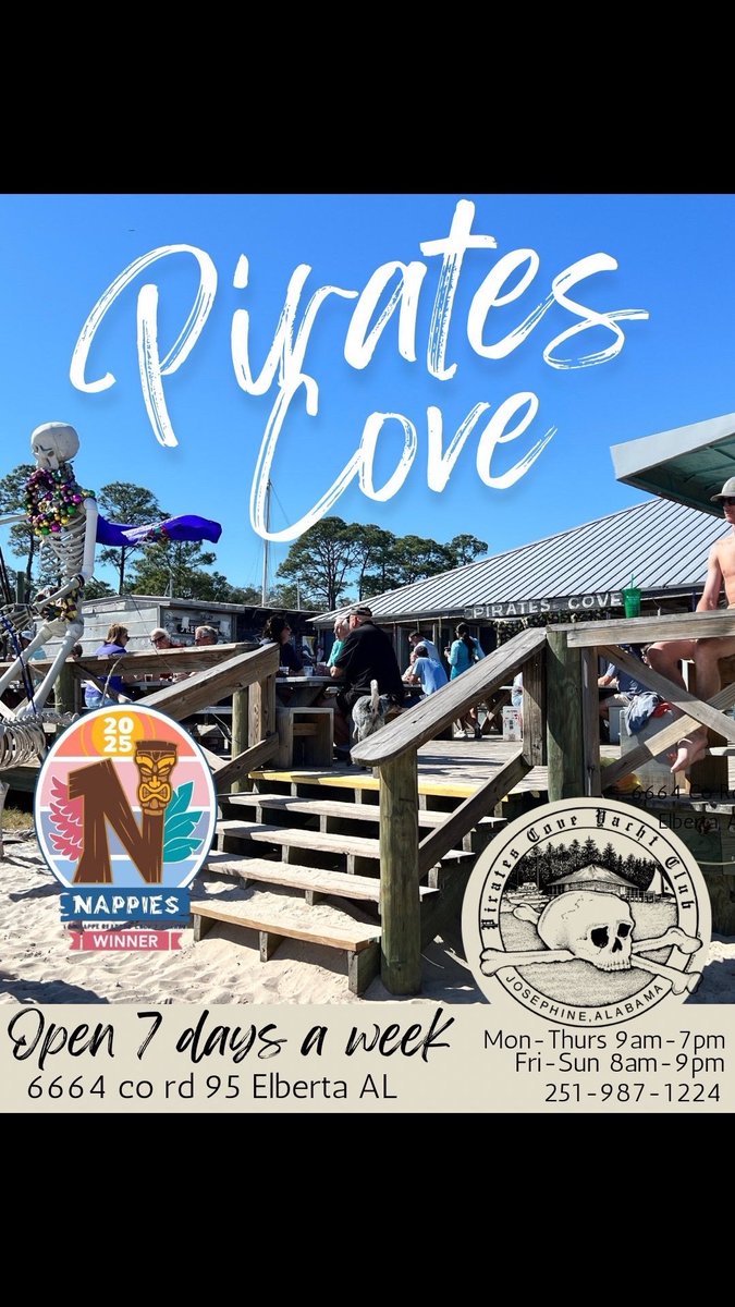 We’re open and ready for you! 

Hours:
Monday–Thursday: 9 AM – 7 PM
Friday–Sunday: 8 AM – 9 PM

Live music every Saturday

Whether you’re easing into the week or rolling in for the weekend, Pirates Cove is ready when you are.

For music schedules, directions, and upcoming events,