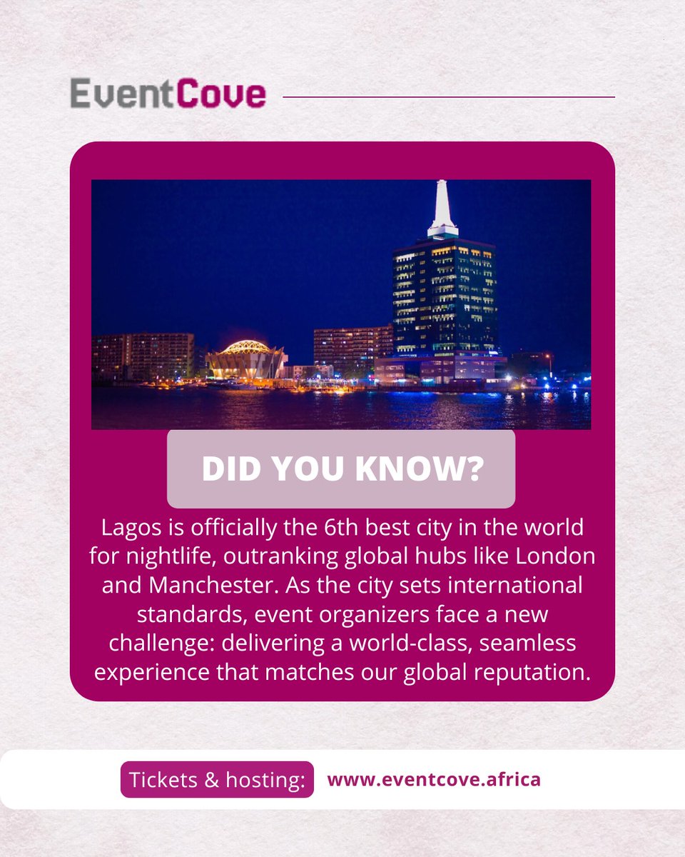 eventcoveafrica's tweet photo. In 2024, Time Out Magazine ranked Lagos as the 6th best city in the world for nightlife, beating out international hubs like London, Rotterdam, and Manchester. We scored a staggering 80% for quality based on our unmatched energy.

#EventCoveAfrica #LagosNightlife #Top6City #Lagos https://t.co/rdSCPGMjeW