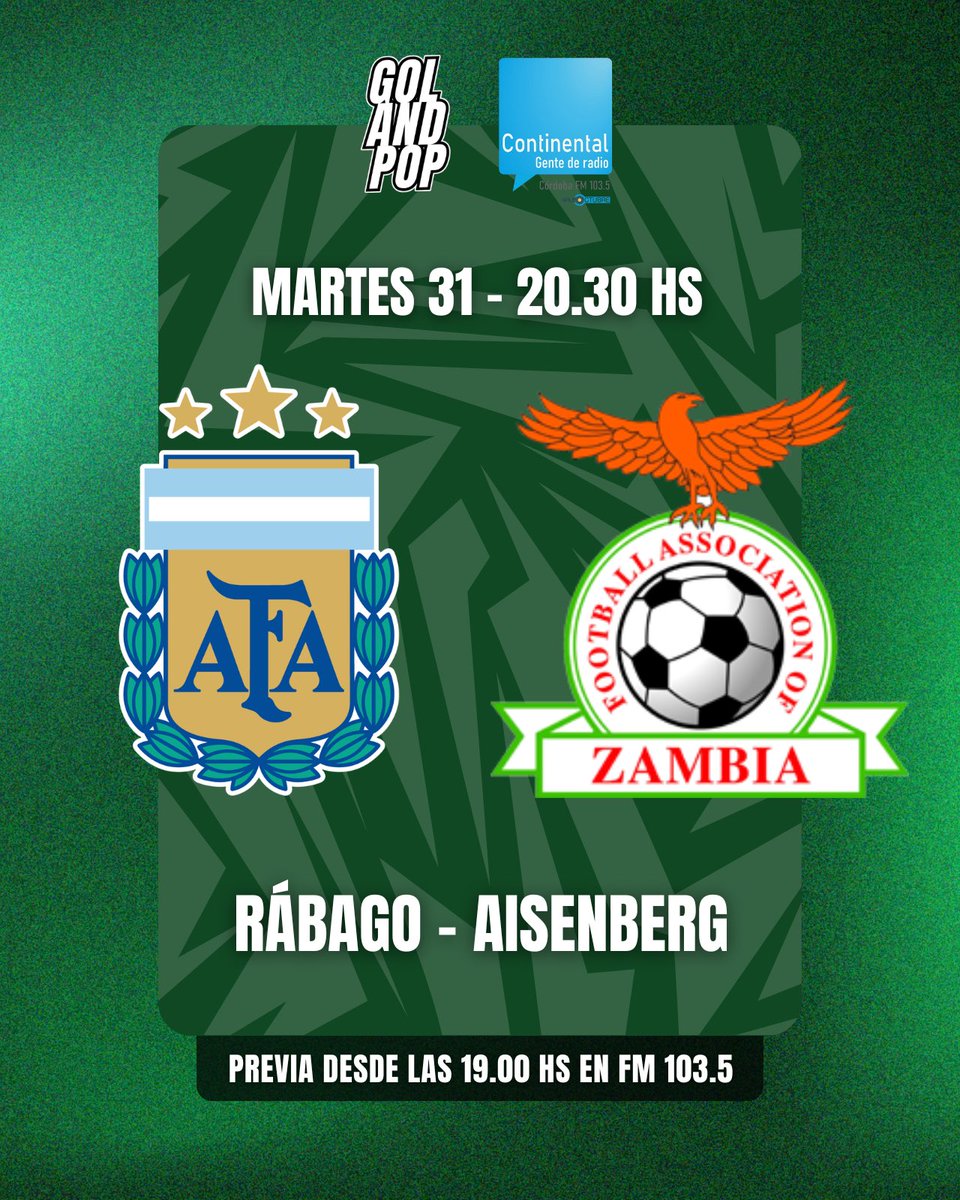 💥🇦🇷 ¡JUEGA LA SELECCIÓN! #Argentina se enfrenta a #Zambia 🇿🇲 en la Bombonera en el segundo amistoso internacional de la fecha FIFA.

📻 Lo vivís junto a la Cadena <a href="/golandpop/">GOLANDPOP 📻</a> en <a href="/ContinentalCba/">Radio Continental Córdoba</a> FM 103.5, YouTube y más de 100 radios de toda Argentina.