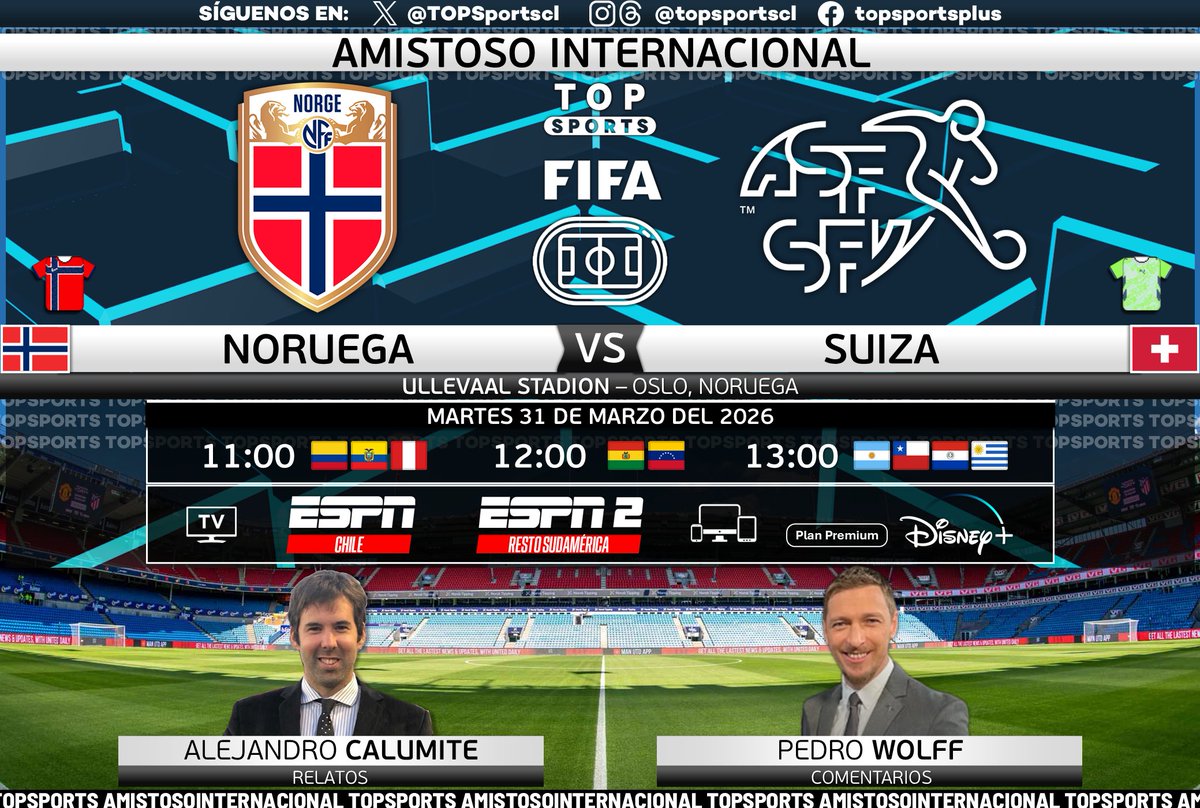 TOPSportscl's tweet photo. Amistoso Internacional ⚽️
🇳🇴 #Noruega - #Suiza 🇨🇭

🎙️ Relatos: @alecalumite 
🗣️ Comentarios: @WolffPedro 

#⃣  #FÚTBOLxESPN #DisneyPlus - #NORSUI #FechaFIFA
🖥️ ESPN 🇨🇱
🖥️ ESPN 2 Sudamérica ❌🇨🇱
📱💻 @disneyplusla (Plan premium)
🔃❤️ https://t.co/KCIWcNMvHn
