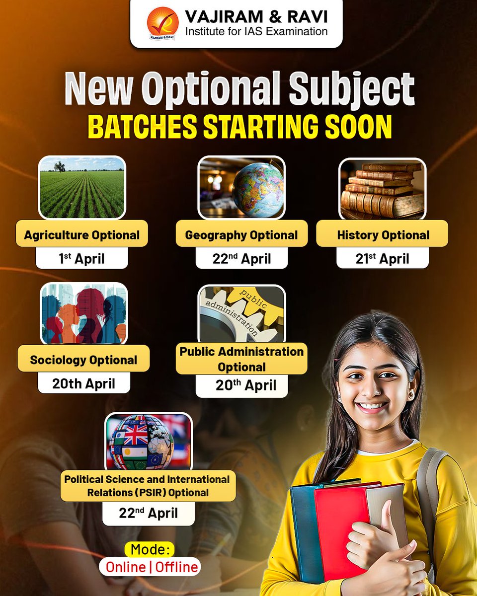 VajiramRavi's tweet photo. New Optional Batches are starting soon!
Still confused? Let us help you : https://t.co/hoajMTKh8K
#UPSCOptional #AgricultureOptional #GeographyOptional #HistoryOptional #PSIROptional #PublicAdministrationOptional #SociologyOptional #UPSC2026 #UPSCPreparation #CivilServicesExam https://t.co/SqP9j3lcKp