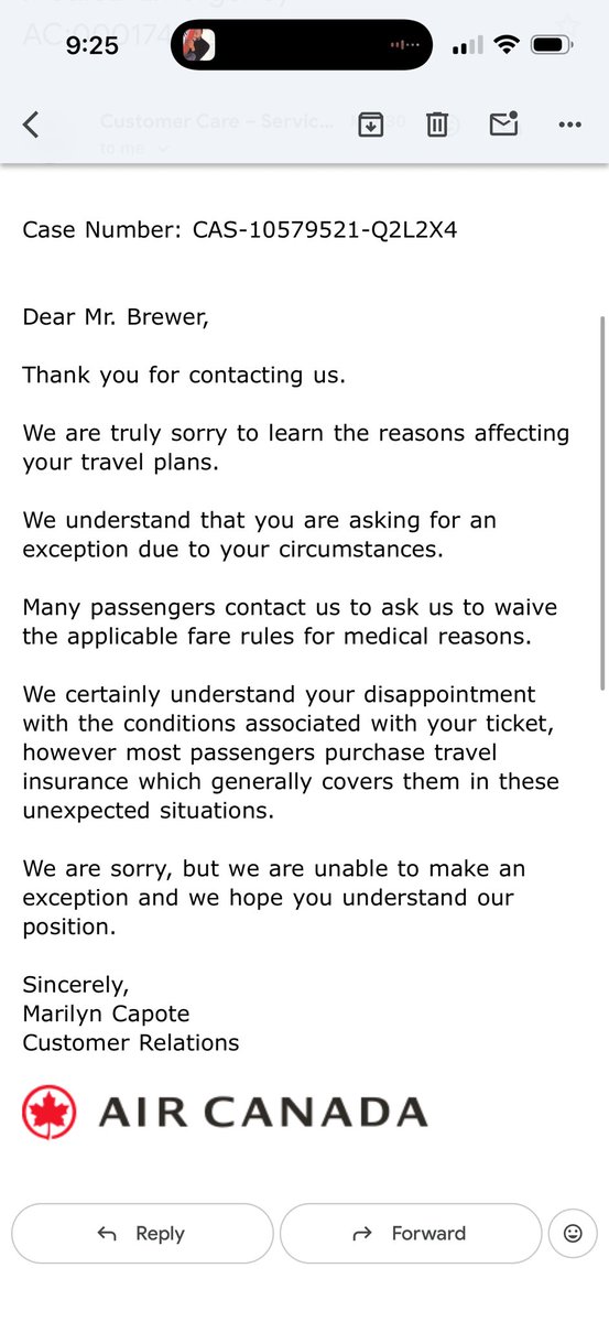 MrJMBrewer's tweet photo. If the word #Canada is in your brand name, you should at least consider kindness and compassion in your customer relations.

@AirCanada may you never experience #Glioblastoma. I’m so disappointed in your disregard toward a frequent Air Canada flyer. https://t.co/aoaRusUZ8g