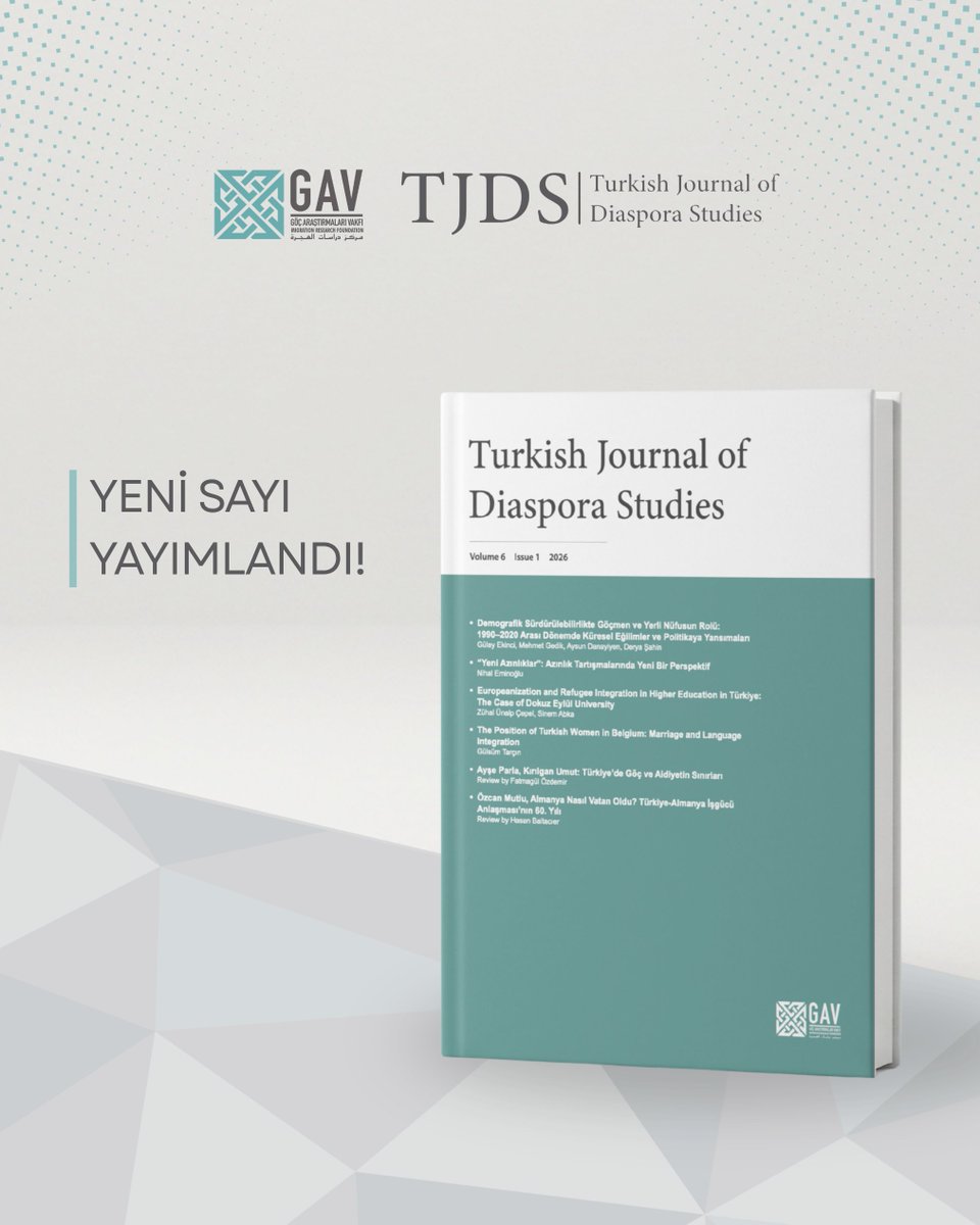 tjds1's tweet photo. 📢TJDS'in Yeni Sayısı Yayımlandı!

Turkish Journal of Diaspora Studies'in (TJDS) altıncı cildinin ilk sayısını sizinle paylaşmaktan mutluluk duyuyoruz.

Yeni sayıya https://t.co/vm3Rf9Un2o veya https://t.co/DLlzTYDNNc adresleri üzerinden erişebilirsiniz. https://t.co/IKIBWAk0wx