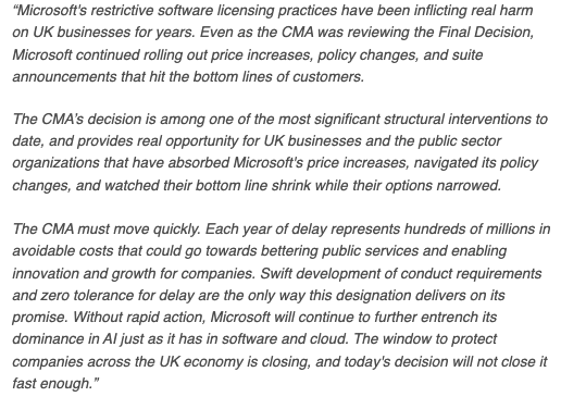 CoalitionForFSL's tweet photo. Today, the @CMAgovUK announced one of the most significant structural interventions to date - a SMS investigation into @Microsoft's business software ecosystem, which has been harming customers for years.

Now, @RTriplette urges the CMA to move quickly👇 https://t.co/4FAow4uTLm