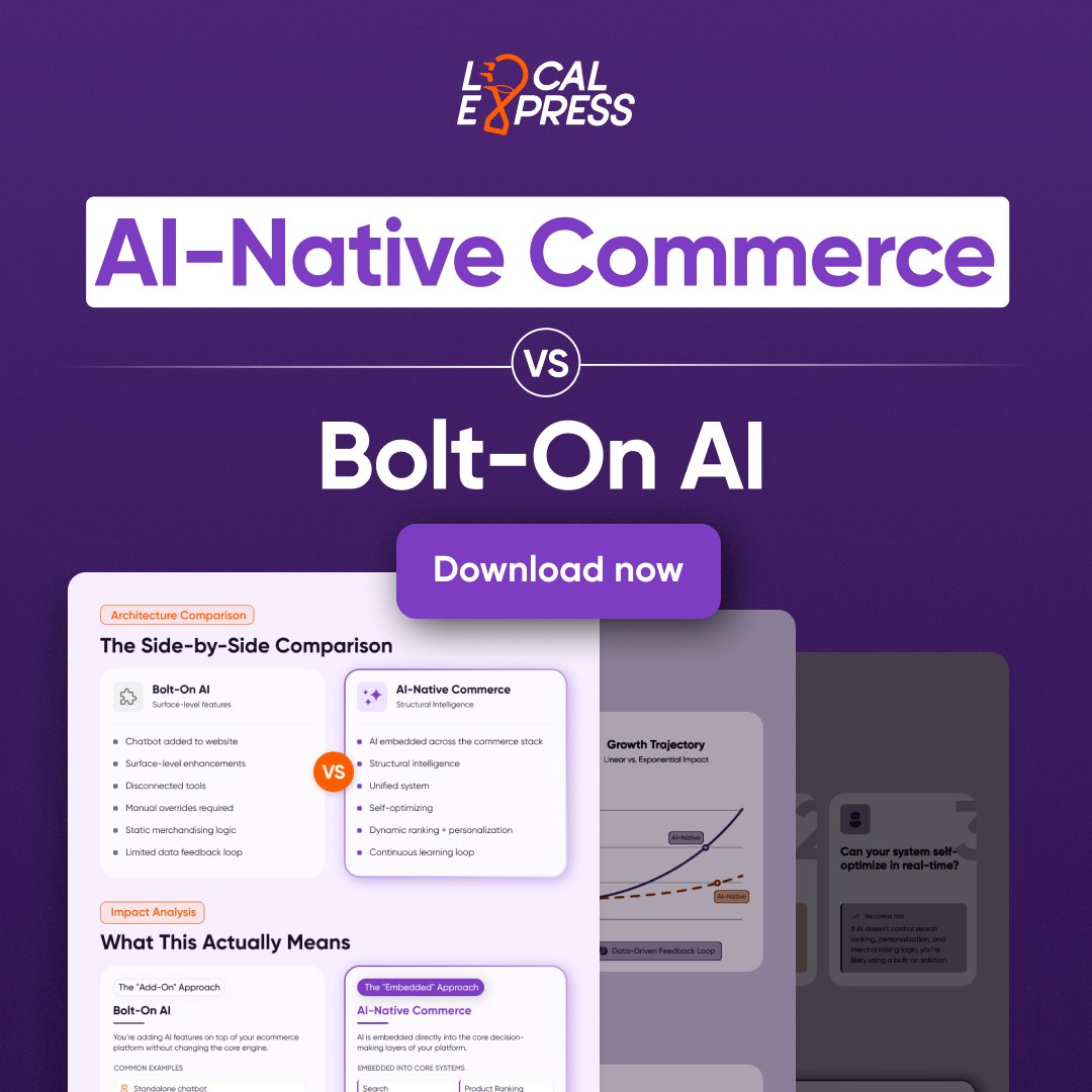 LocalExpress_US's tweet photo. 2% gains using AI aren’t enough when you’re still battling fragmented data and weak personalization.
For regional grocery executives, the problem isn’t the AI - it’s the ‘bolt-on’ strategy.

Our analysts found the root cause: AI add-ons don’t integrate with CORE data. 

The Game-Changer: AI-Native Commerce.

Grow revenue while retaining full margin, data, and customer ownership.

Instead of disconnected tools, we embed AI into search, ranking, promotions, sales, and inventory - creating a unified system that continuously optimizes grocery operations.

AI speeds up key decisions across the entire commerce flow, compounding results with every shopper interaction.

Act fast → Download the report built for grocery leaders.
https://t.co/D4wI80UWbf