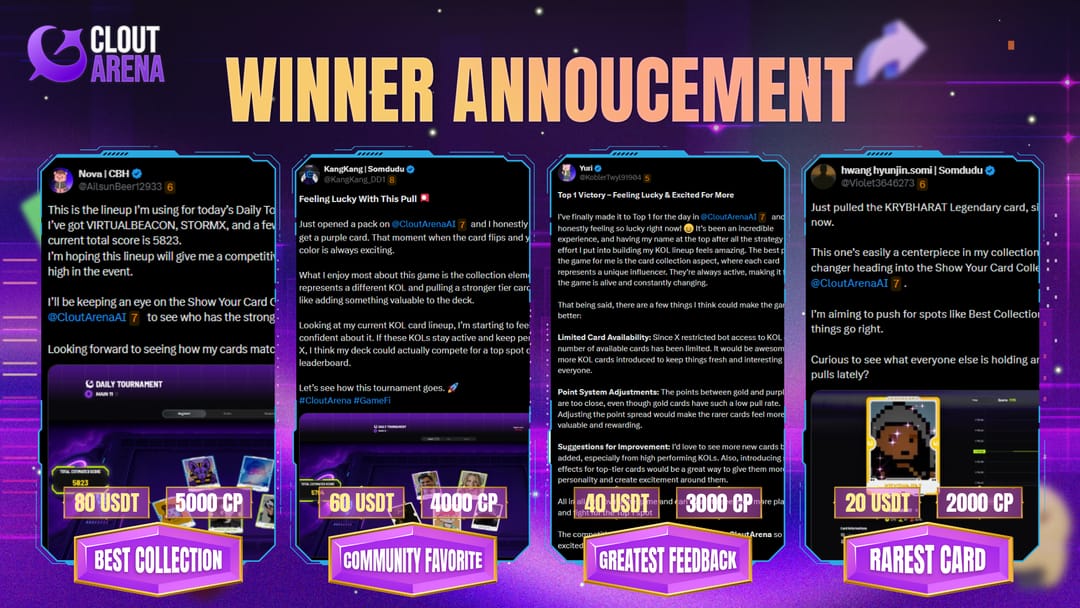 🏆 Show Your Card Collection - Winners Announced

The Show Your Card Collection event has officially announced its winners 🔥

After a series of entries with impressive collections, high-quality lineups, and intense flex performances, we've selected the most outstanding names: