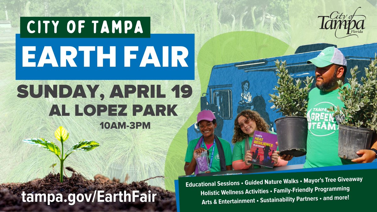CityofTampa's tweet image. FREE trees, compost, educational sessions &amp;amp; more at our first annual Earth Fair! Join City departments and sustainable community partners as we highlight ways we're building a healthier, more resilient Tampa.

📆 4/19 | 10am-3pm
📍 Al Lopez Park
🔗 tampa.gov/EarthFair