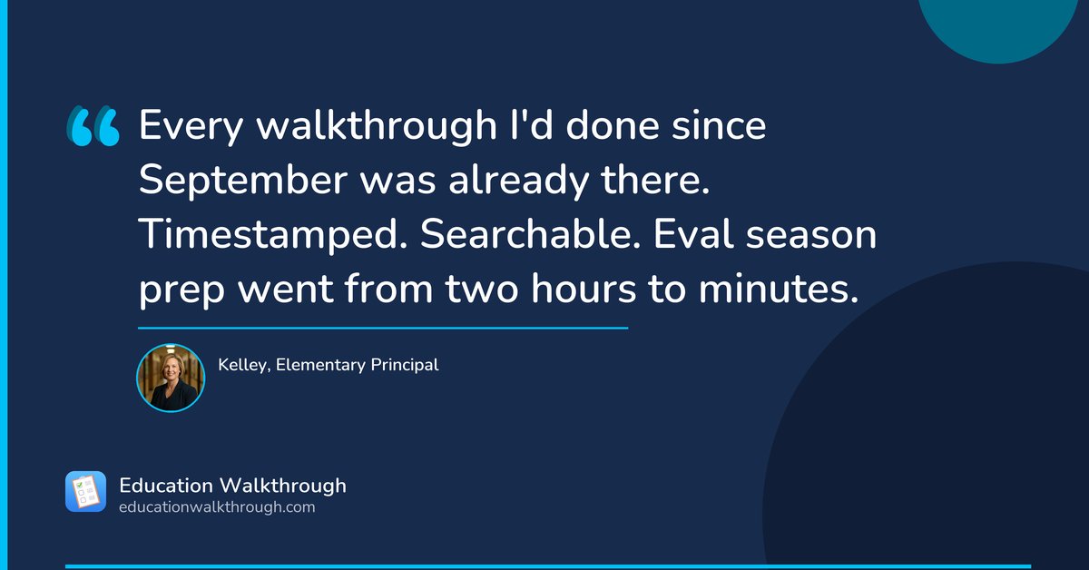 EduWalkthrough's tweet photo. Eval season without the binder hunt.

Kelley runs an elementary school in the Southeast. Every spring, formal evaluation season used to mean one thing: finding everything she'd documented since September.

Paper notes. Scanned forms. Email threads. Shared f… https://t.co/HFnrlTQCXV