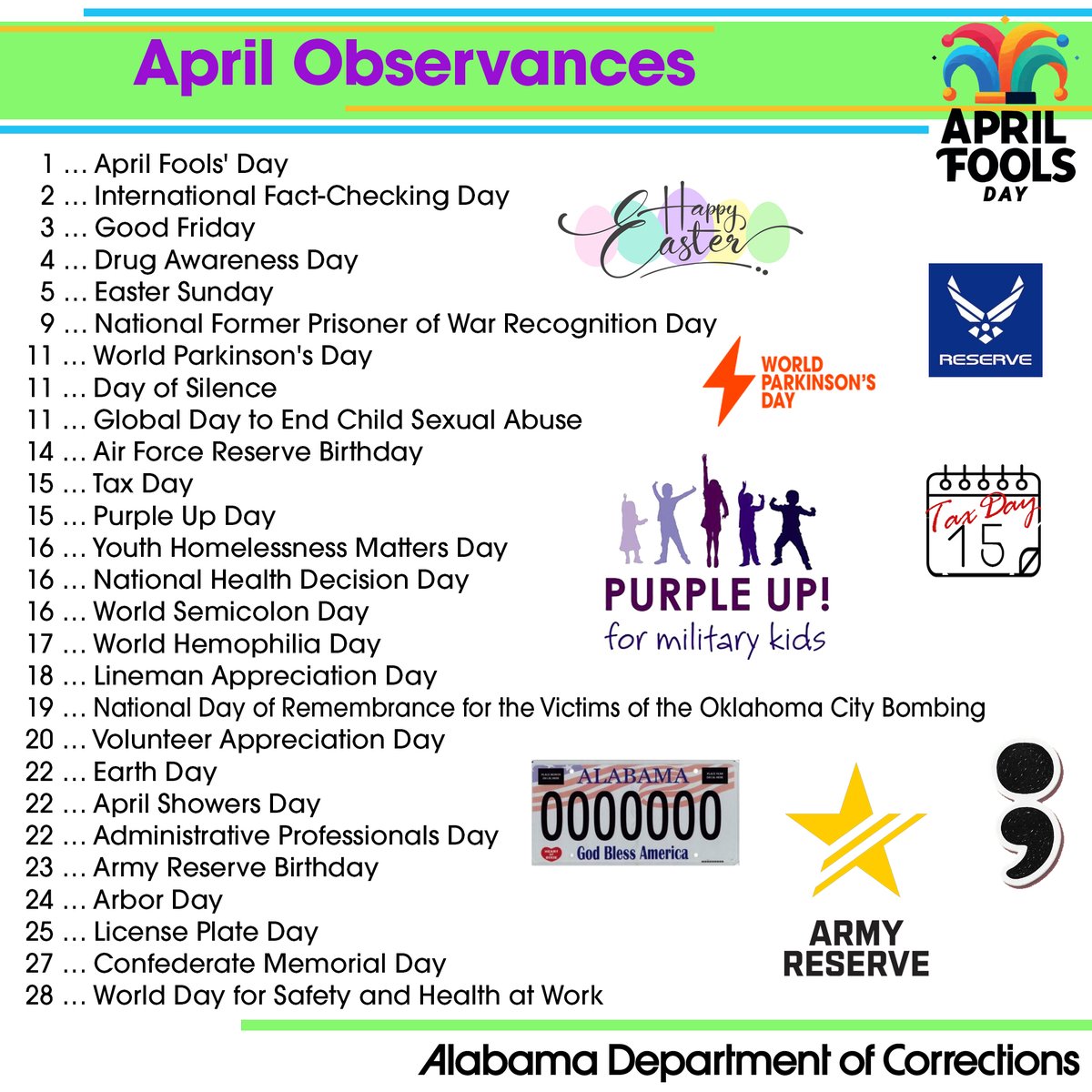 ALCorrections's tweet image. #ADOC is highlighting Calendar Observances for April. Another full month from April Fool' Day to Easter to many awarenesses. Hopefully, we can look forward to some April showers!