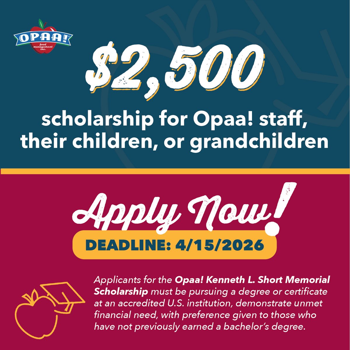 Apply for the Opaa! Kenneth L. Short Memorial Scholarship! This renewable $2,500 scholarship is available to Opaa! employees, their children, and grandchildren to pursue higher education. Don’t miss this opportunity, submit your application here! 👉 stlouisgraduates.academicworks.com/opportunities/…