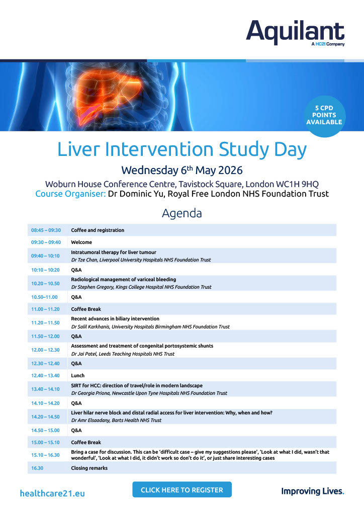 AquilantGI's tweet photo. 🚨LAST FEW SPACES🚨
Join the Liver Intervention Study Day with Dr Dominic Yu for expert-led lectures, learning &amp; networking

🗓️6th May 2026
📍London

‼️Don't miss out - REGISTER NOW👇
 https://t.co/w2V6Xw7bnX

#InterventionalRadiology #Liver #Hepatology #LiverIntervention #IR https://t.co/NpxLsOIZZD
