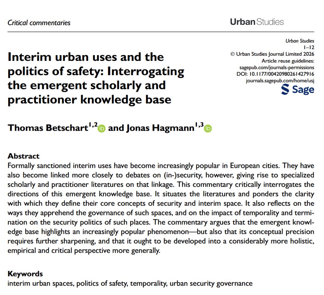 USJ_online's tweet photo. 🌍 NEW #CriticalCommentary in #UrbanStudies
✍️ Betschart & Hagmann
🔍 How do urban #transformation specialists assess the relationship between temporary uses and urban #security? This commentary reflects on the current state of specialized knowledge.
📖 https://t.co/dnWYYCqdfi https://t.co/ltgRnuDwSI