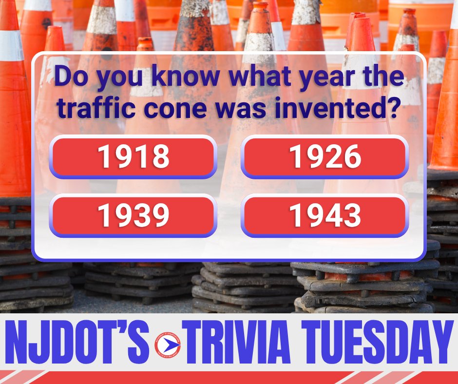 NewJerseyDOT's tweet image. Can you guess which year the traffic cone was invented? Comment down below for this week’s #TriviaTuesday.