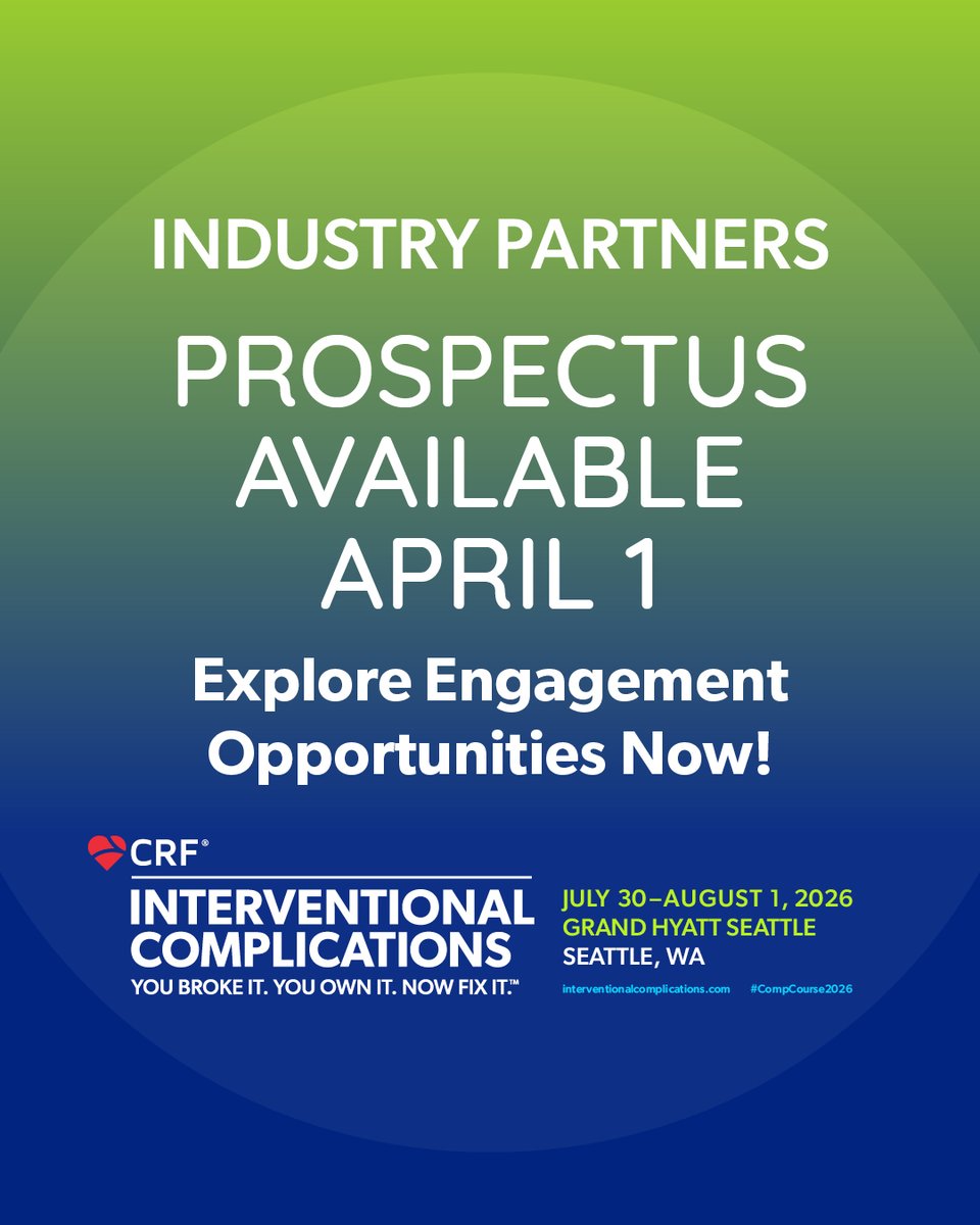 crfheart's tweet photo. π’ Build lasting connections and elevate your brand at #CompCourse2026!π₯
The industry prospectus goes live April 1. Explore unmatched engagement opportunities including:
π¬ Hands-On Training Workshops
πSponsorships
π€Affiliate Meeting Spaces
Discover why Interventional Complications is the perfect place to position your brand, and get ready to select your opportunities on April 15 at 1:00 PM EDT (UTC β4). π https://t.co/Fqm73DHLAM
#CardioX #CardioTwitter #CardioEd #CardioResearch @KateKearney4 @DrBillLombardi @jamiemccabeMD @djc795 @jgranadacrf @triciarawh @TCTConference @TCTMD